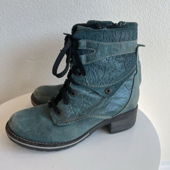 Dromedaris Kara Combat Boots Lace Up Teal Distressed Leather 37  Women's 7 - Picture 2 of 7